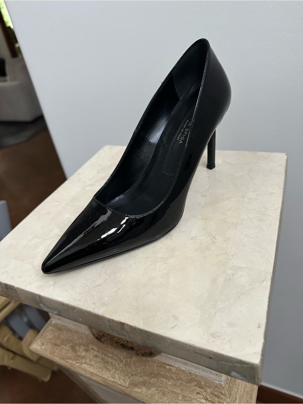 Via Spiga Black Patent Pointed-Toe Pumps with Stiletto Heel
